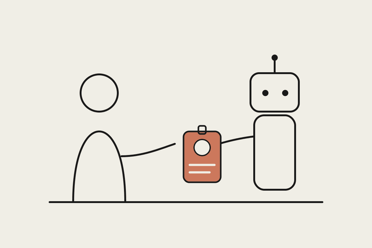 Line illustration of an AI agent handing a new hire an access card on their first day.