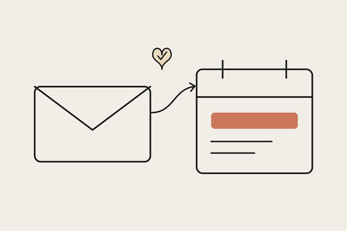 Line illustration of an envelope and calendar connected by an arrow, with a small shield above representing safe, permissioned access
