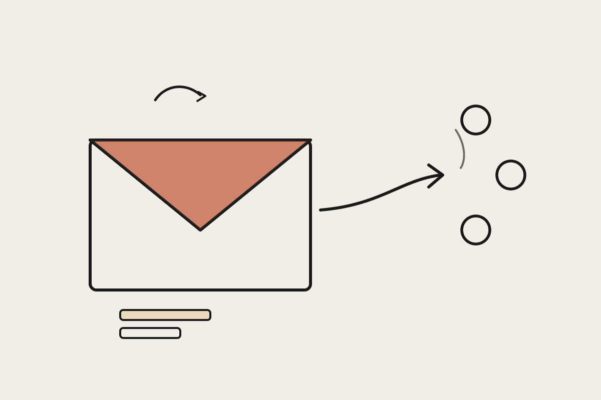 Line illustration of an envelope opening into a letter, sending an arrow toward three small recipient circles