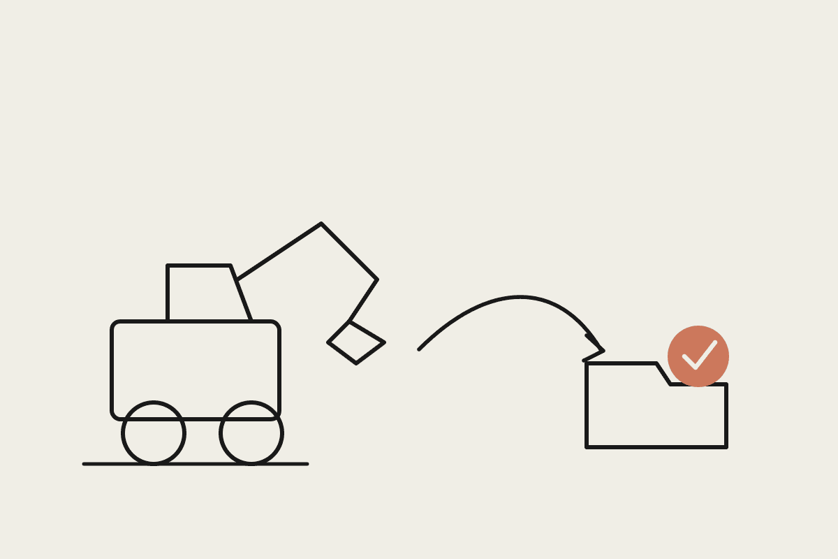 Line illustration of an excavator handing off to an approved, checkmarked document folder