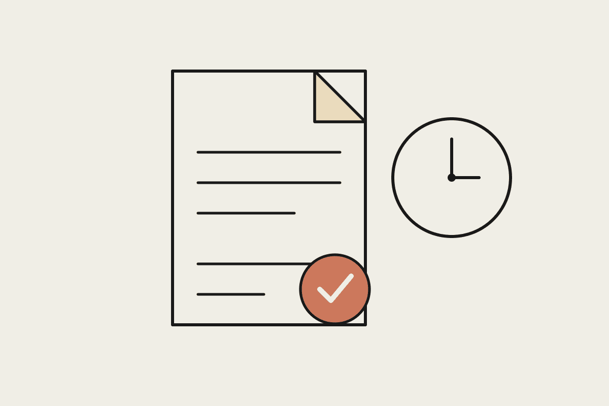 Line illustration of an invoice, a clock and a terracotta approval stamp