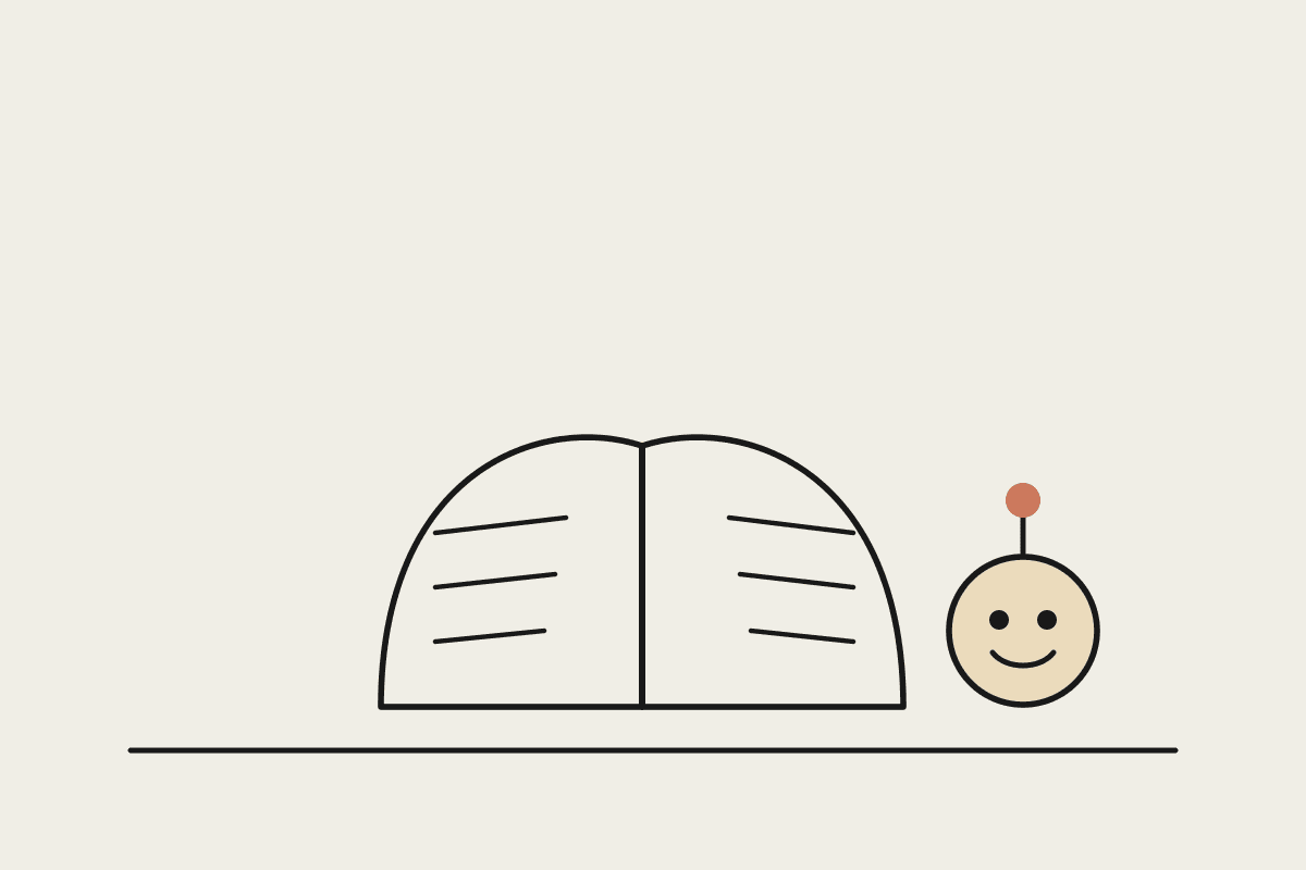 Line illustration of an open book beside a friendly robot character, representing AI fluency training