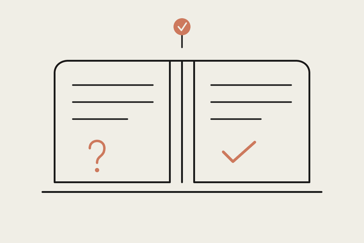 Line illustration of an open book with a question mark on the left page and a terracotta tick on the right, suggesting learning to judge when to use AI and when not to.