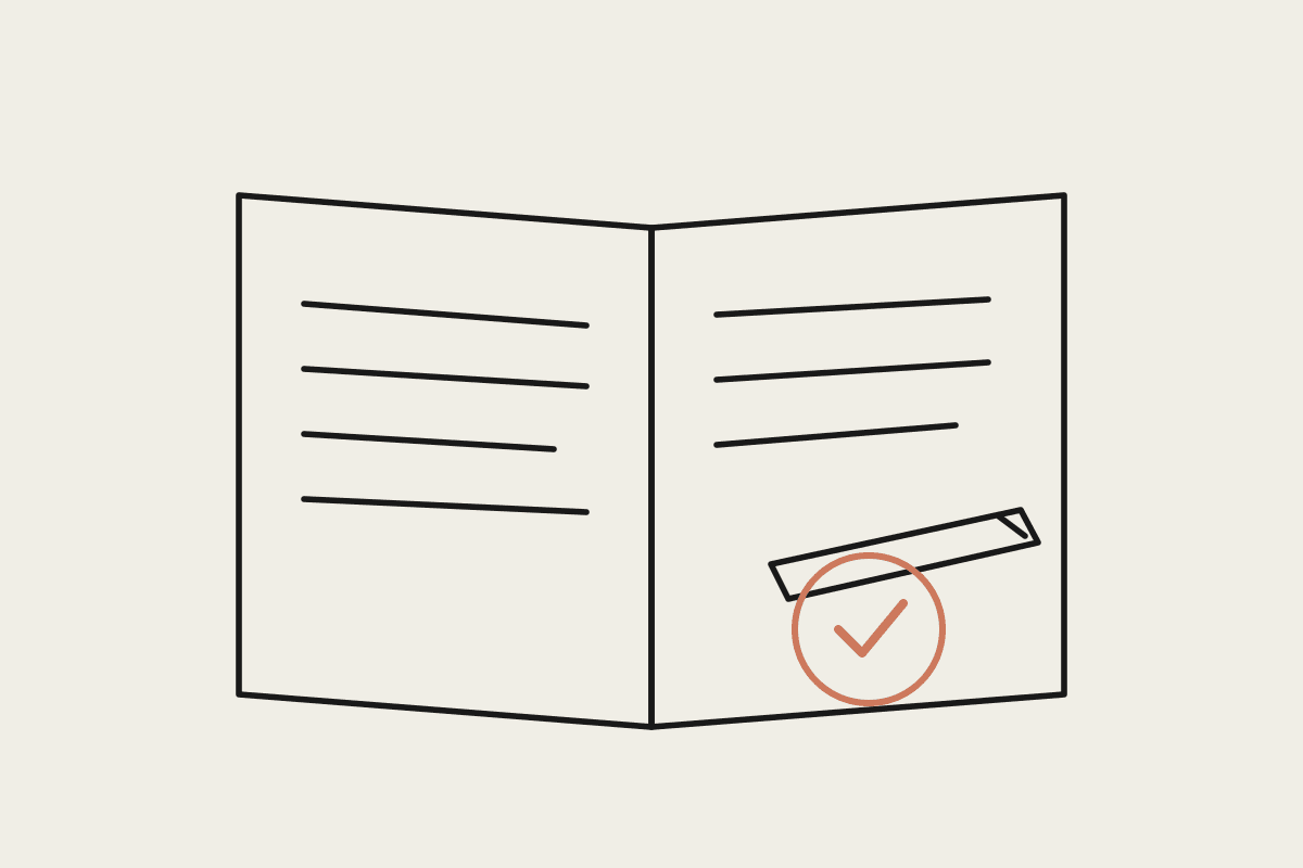 Line illustration of an open notebook with a pen and a terracotta approval stamp, representing a completed file note