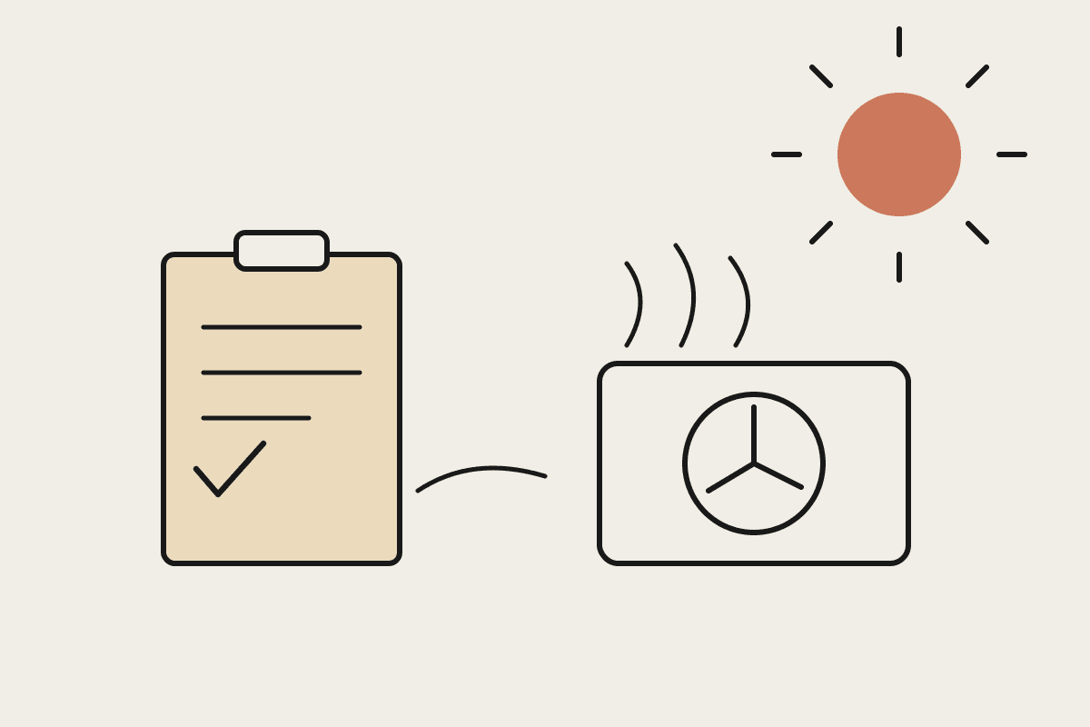 Line illustration of an outdoor HVAC condenser unit beside a maintenance checklist clipboard, with a terracotta sun marking the summer peak season