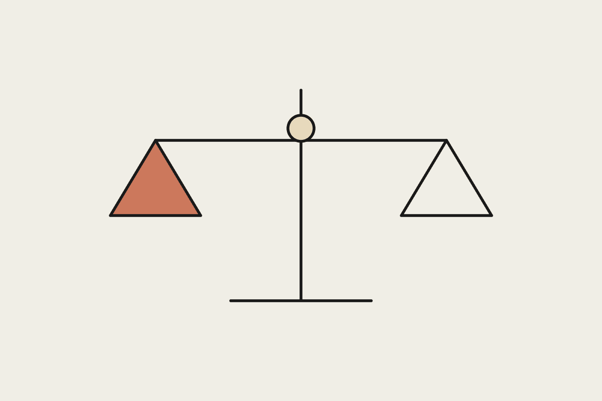 Line illustration of balance scales weighing two options, one pan filled terracotta