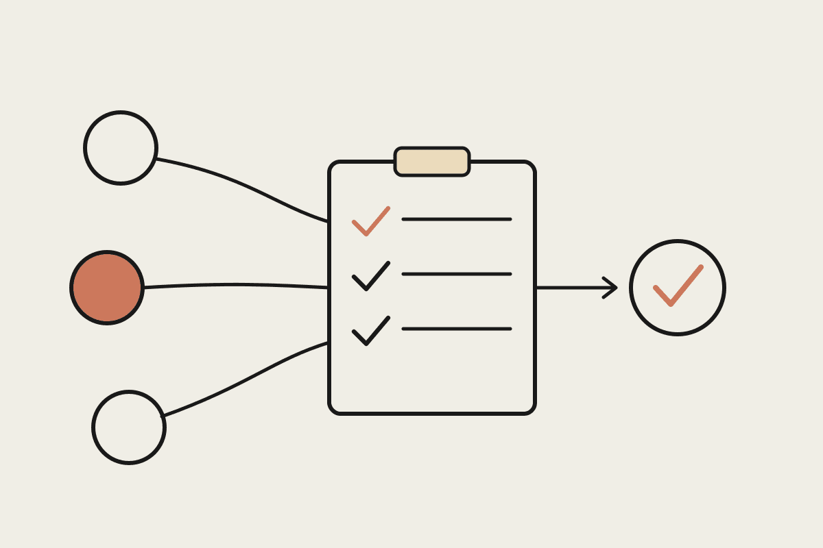 Line illustration of consultant nodes feeding into a DA checklist that flows to an approval tick