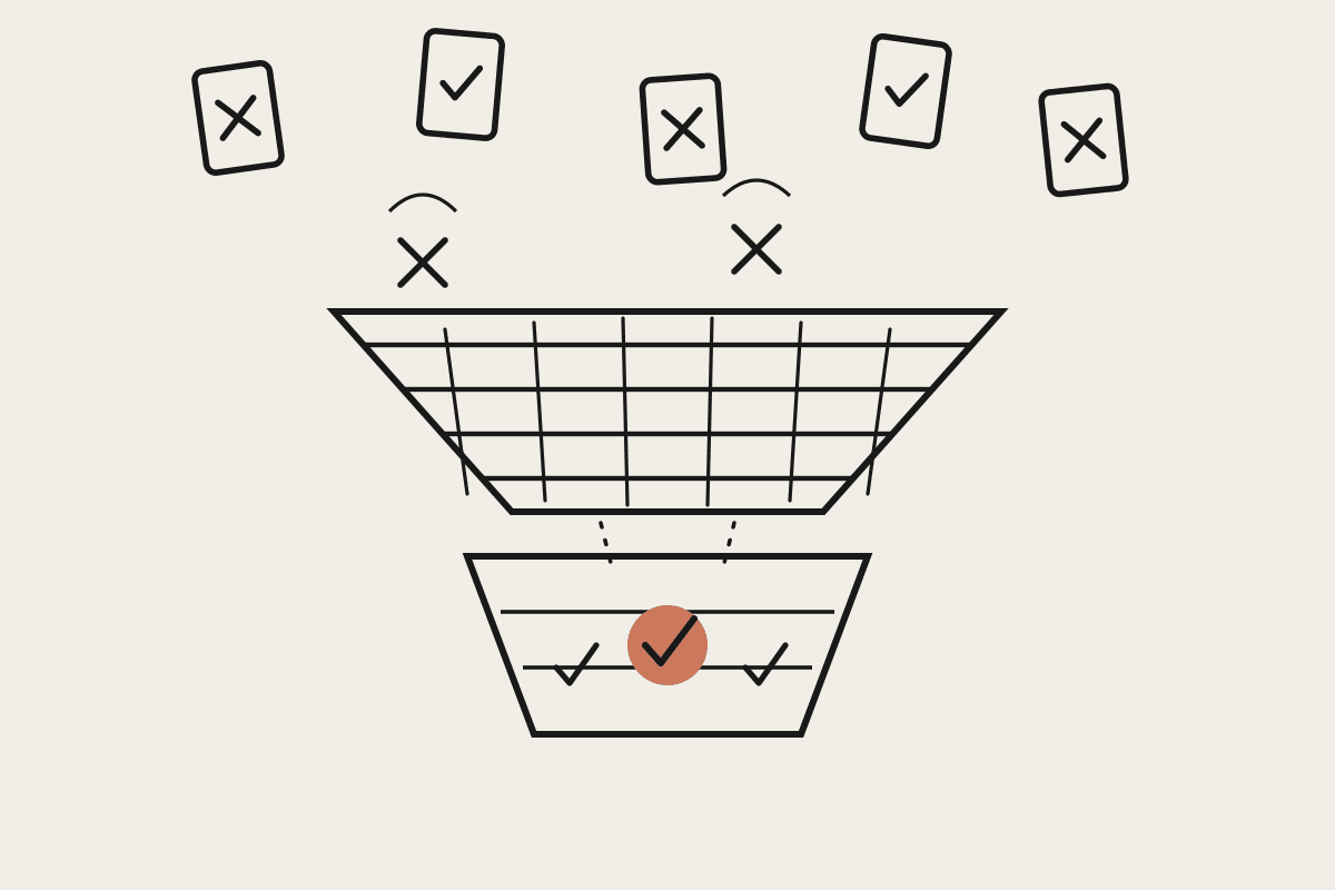 Line illustration of documents falling through a sieve, checkmarks passing into a basket below while crosses bounce off the mesh, one checkmark backed by a terracotta accent circle
