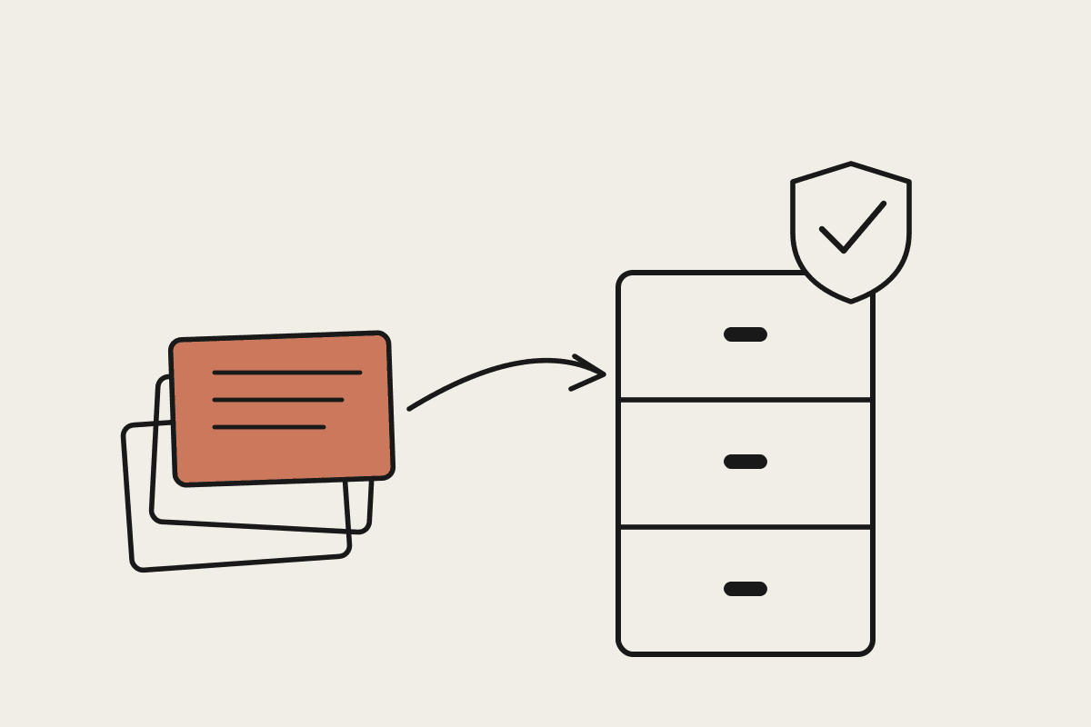 Line illustration of documents flowing into a filing cabinet beside a checked shield, representing Claude Skills organising legal operations work.