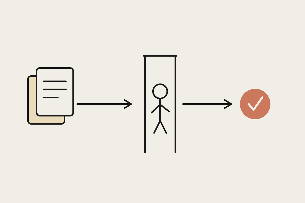 Line illustration of documents flowing through a review gate where a person approves them, ending in a terracotta checkmark