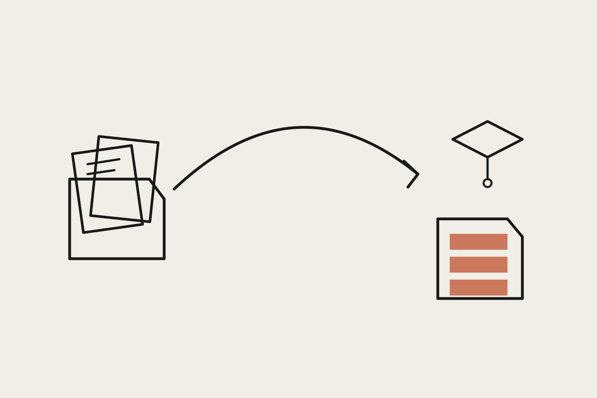 Line illustration of enrolment forms moving from a messy inbox tray to a neat terracotta stack in an outbox tray, with a graduation cap above it