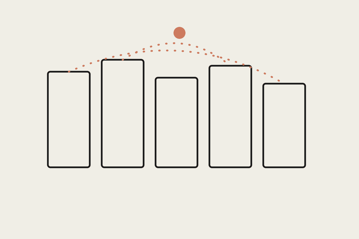Line illustration of five server racks connected by dashed terracotta network lines converging on a single routing node