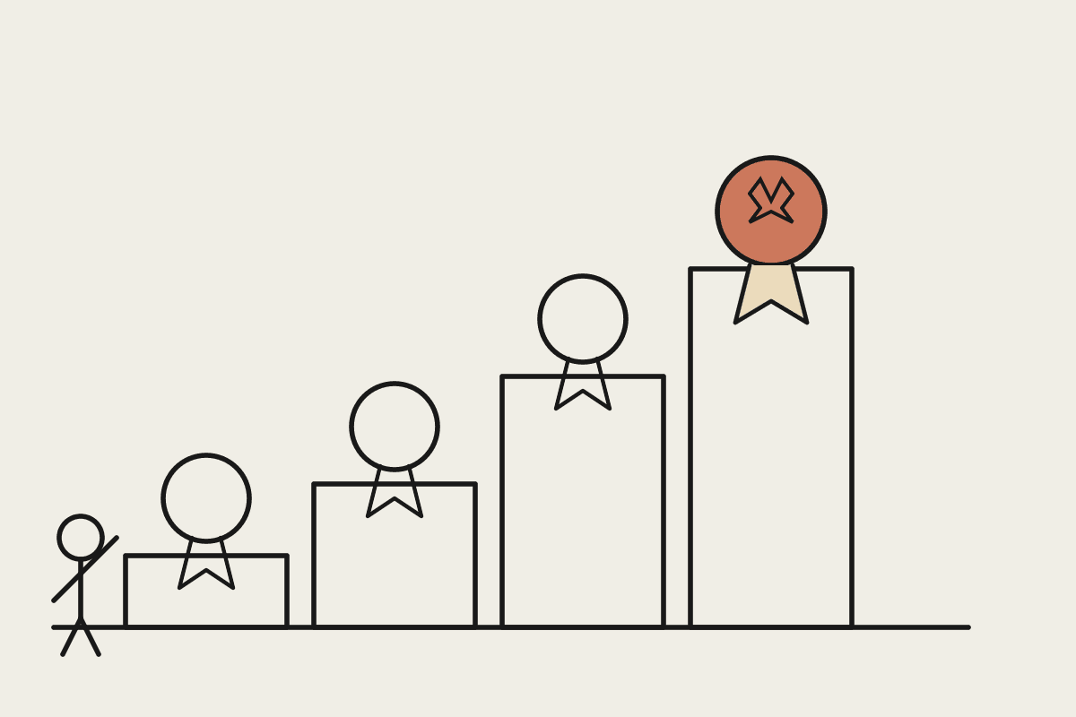 Line illustration of four ascending staircase steps, each topped with a badge, the tallest badge filled in terracotta, symbolising Claude's four-tier certification system