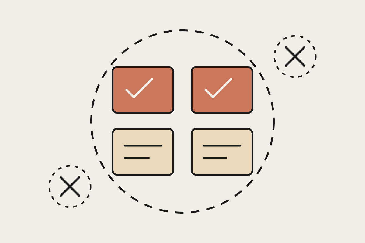 Line illustration of four bounded feature tiles inside a dashed circle, with two crossed-out unscoped ideas sitting outside the boundary.