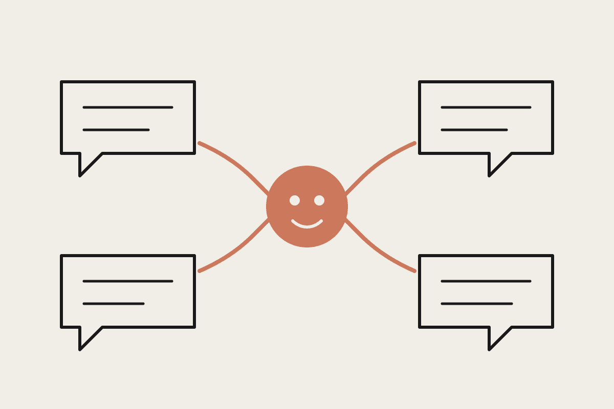 Line illustration of four conversation bubbles at the corners, each linked by a terracotta thread into a single friendly agent face at the centre.