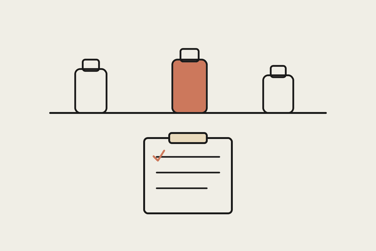 Line illustration of pharmacy shelf bottles above a compliance checklist clipboard