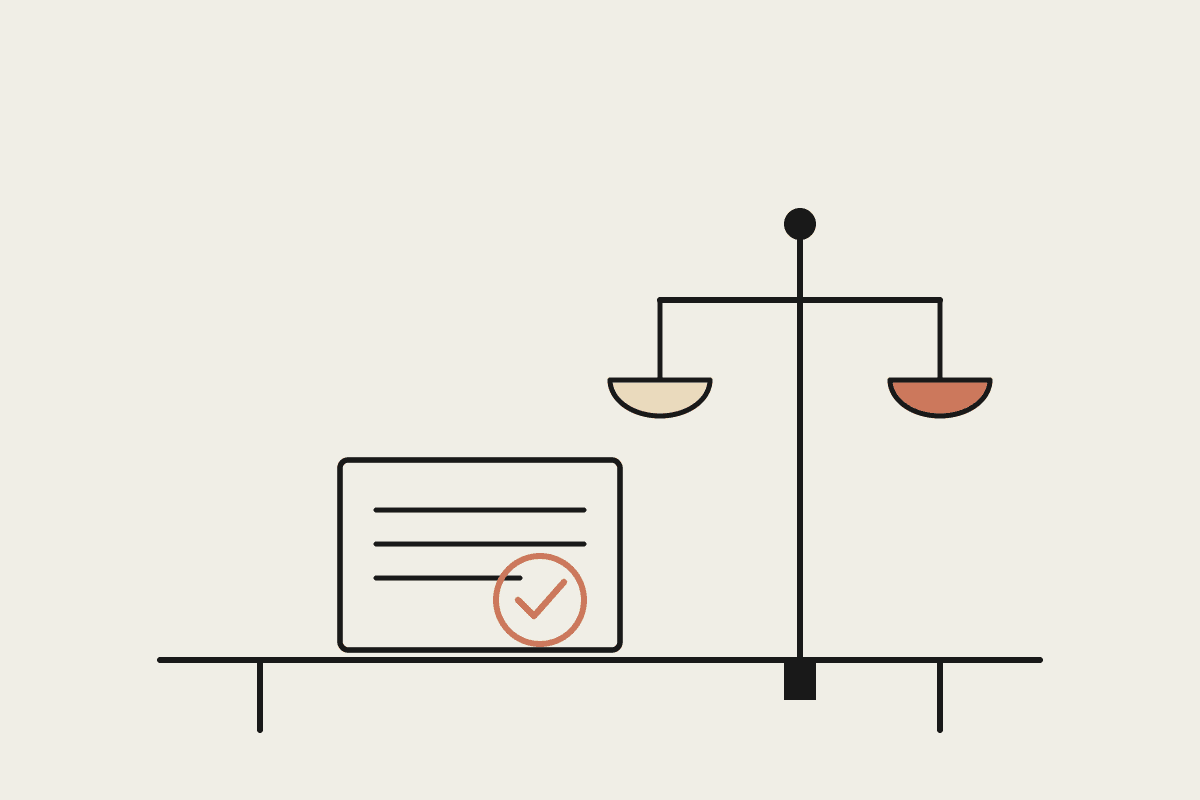 Line illustration of scales of justice above a legal document with a terracotta checkmark stamp