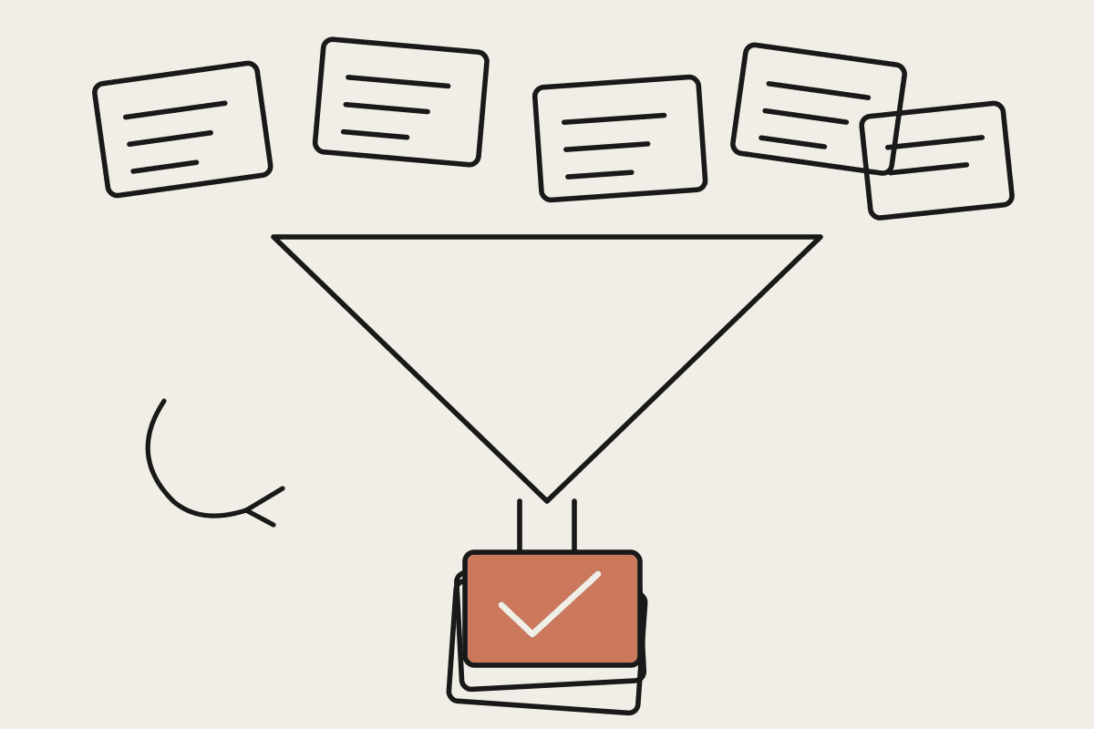 Line illustration of scattered CV cards funnelling down into a shortlist stack, with the top shortlisted card in terracotta and a checkmark