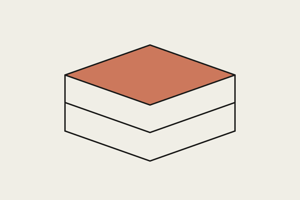 Line illustration of stacked isometric layers, the top layer filled terracotta