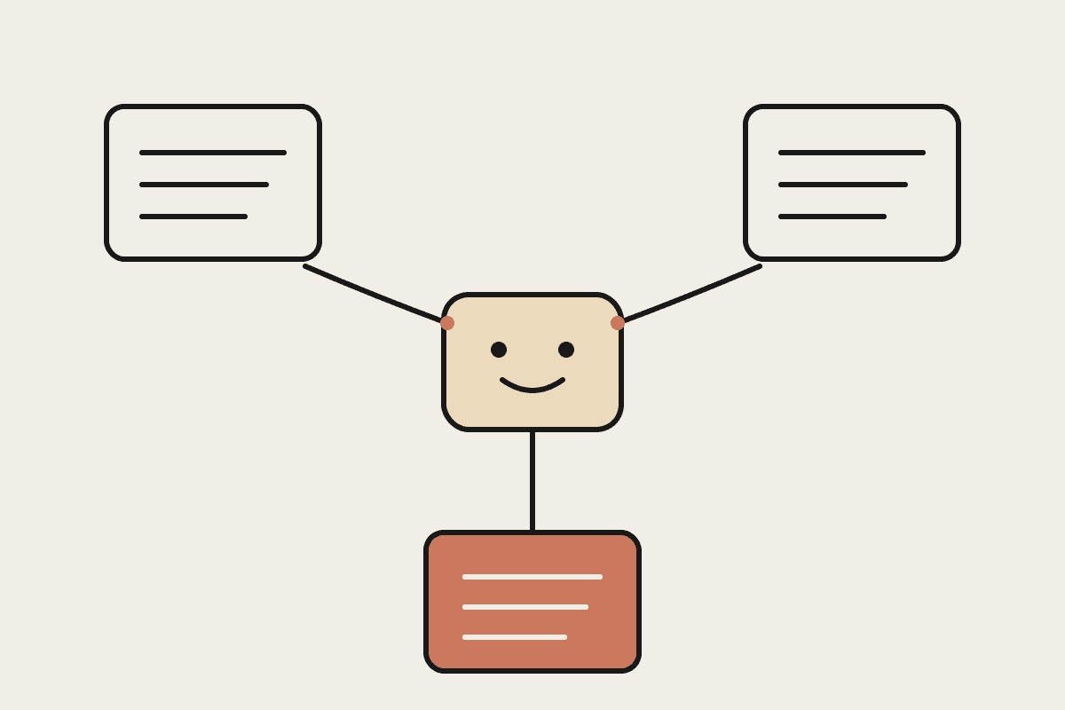 Line illustration of three instruction cards connecting into a central Claude hub