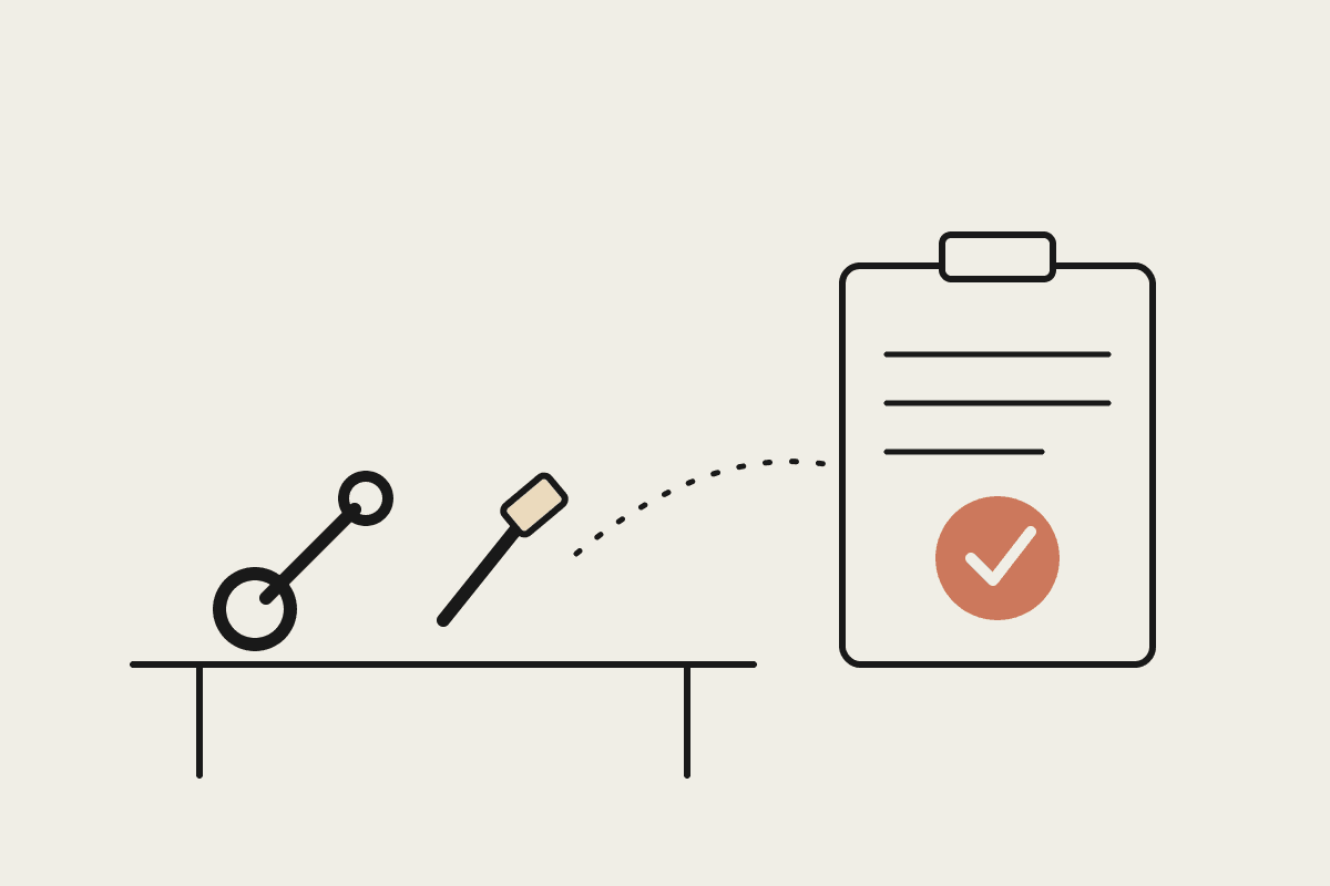 Line illustration of tools on a workbench connected to a quote clipboard with a terracotta checkmark