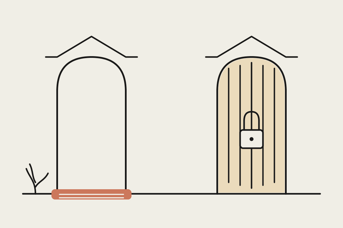 Line illustration of two archways side by side, one open with a terracotta welcome mat, one closed and barred with a padlock, representing two different access models for AI agents