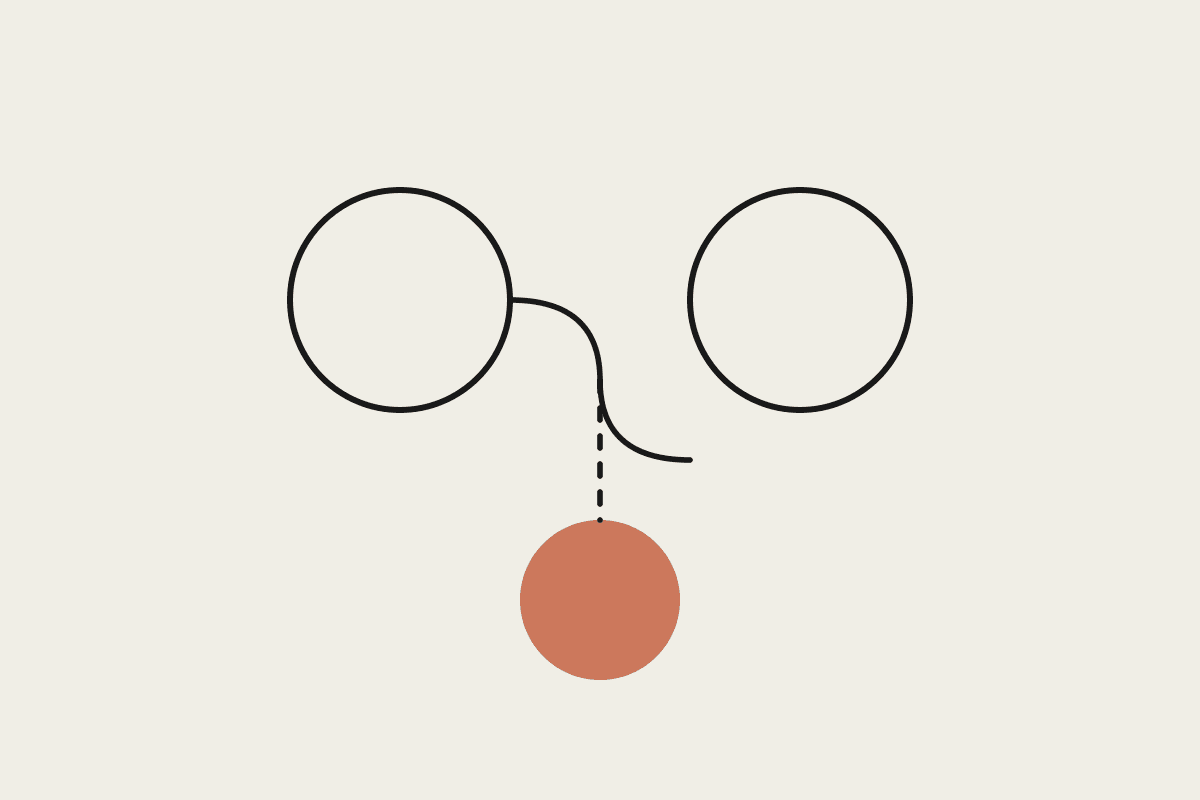 Line illustration of two circles connected by a curved dashed line meeting at a terracotta circle