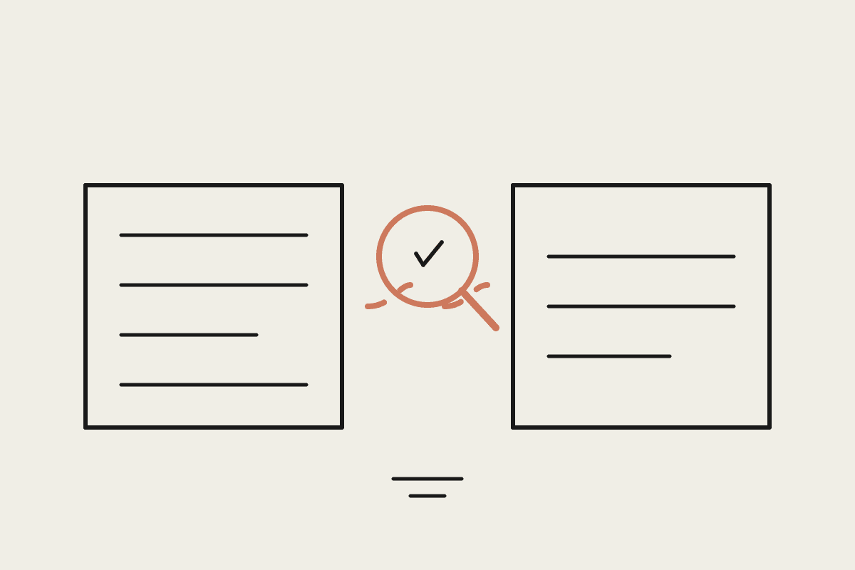 Line illustration of two document panels separated by a gap, bridged by a terracotta magnifying glass over a dashed, incomplete trail between them.