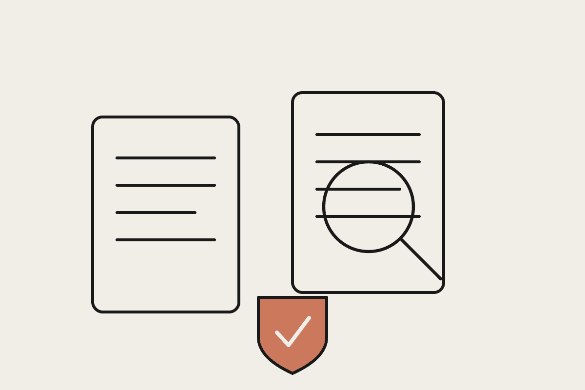 Line illustration of two insurance policy documents side by side with a magnifying glass comparing them and a terracotta shield for claims advocacy