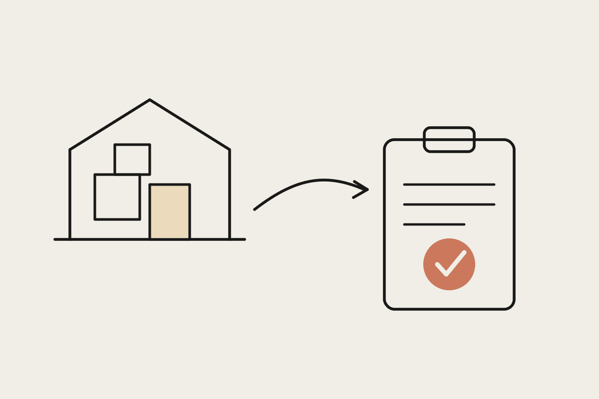 Line illustration of warehouse pallet boxes connected by an arrow to a clipboard report with a terracotta checkmark