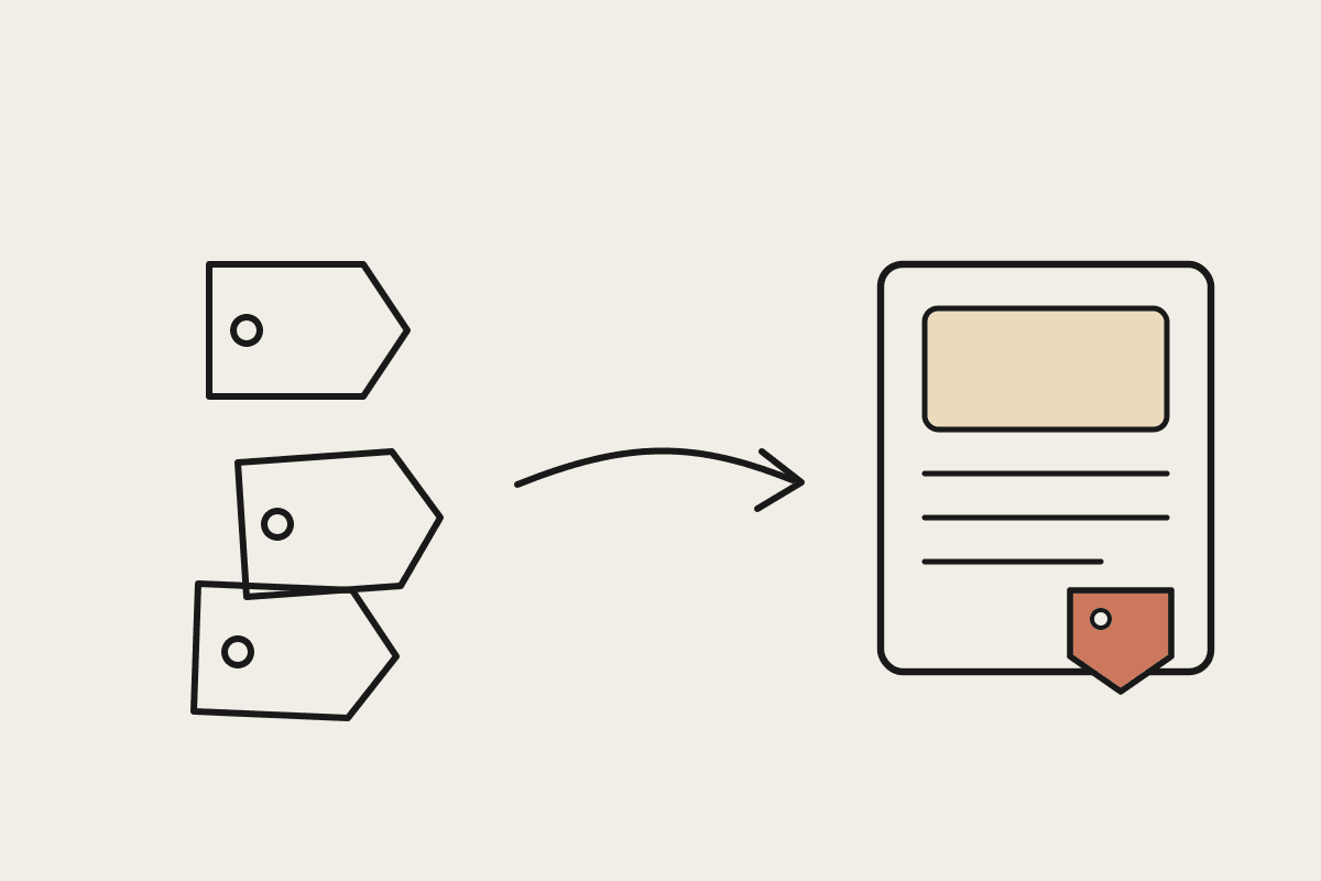 Loose product tags flowing into a neat catalogue card with a terracotta price tag