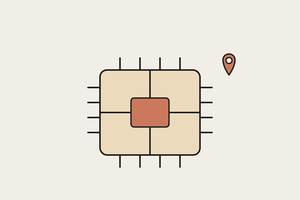 Microchip illustration with a terracotta domestic core and a location pin marking jurisdiction