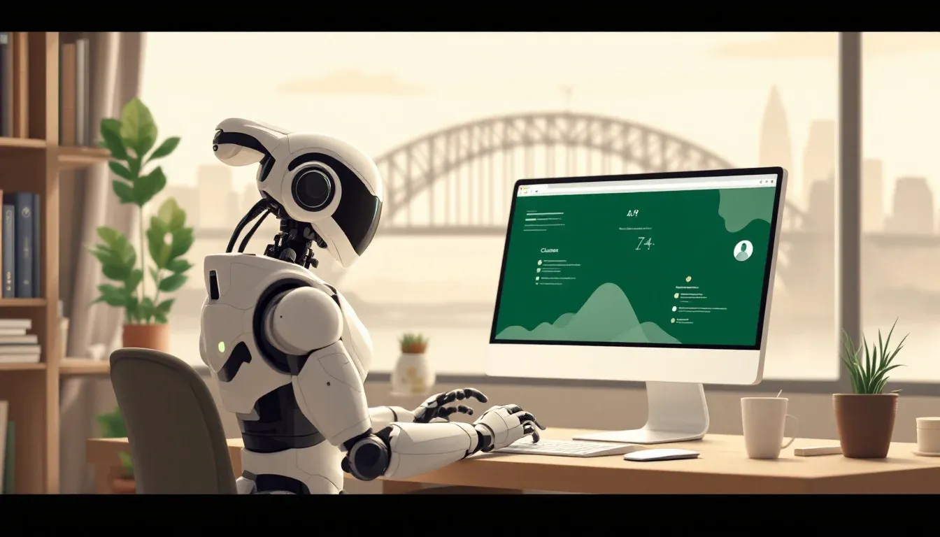 Stylised illustration of a Claude browser agent operating a desktop with a Sydney skyline silhouette behind it