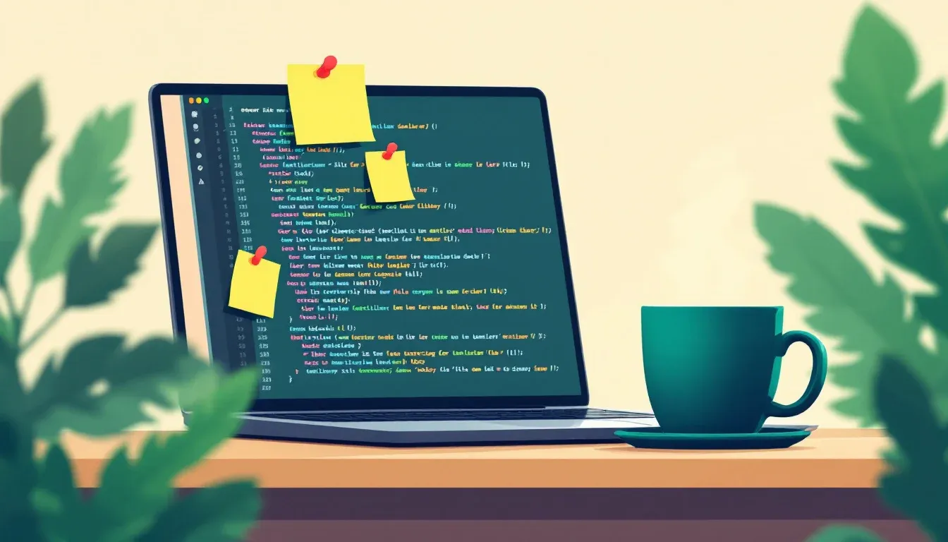 Illustration of a developer reviewing code on a laptop with sticky notes nearby