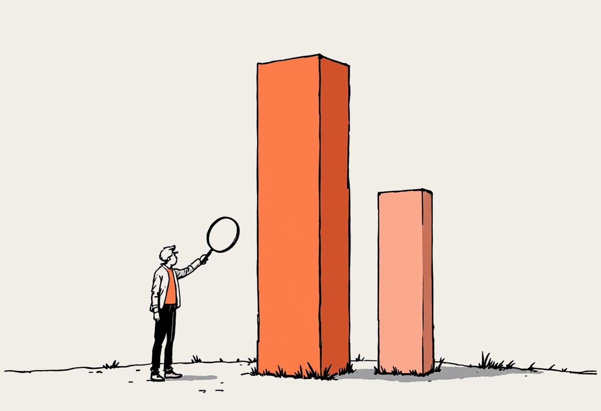 Hand-drawn illustration of a magnifying glass inspecting two columns of different heights, the taller one filled terracotta, representing a comparison of AI coding benchmark scores