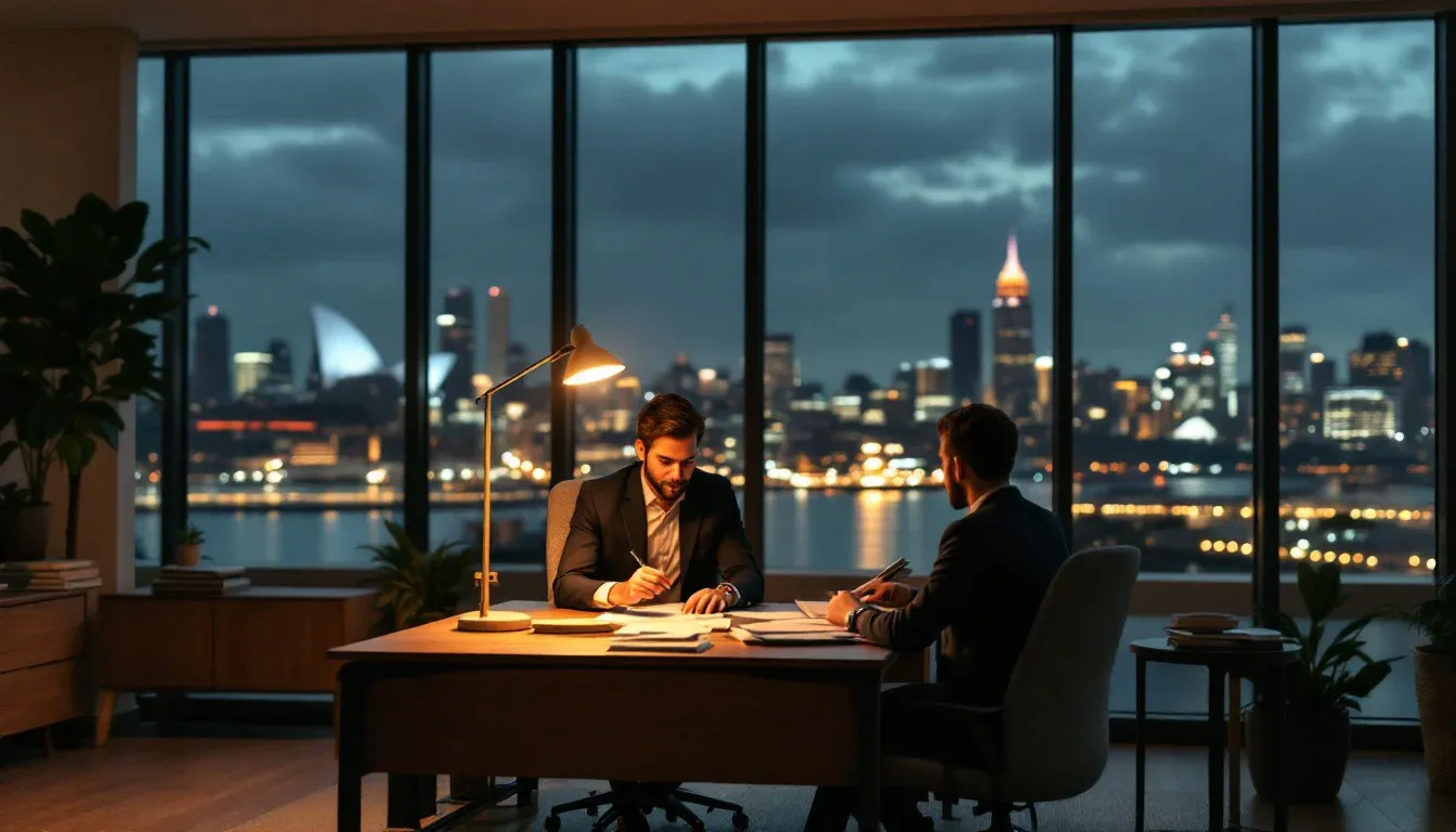 A solicitor at a desk in a Sydney law firm office reviewing documents at dusk