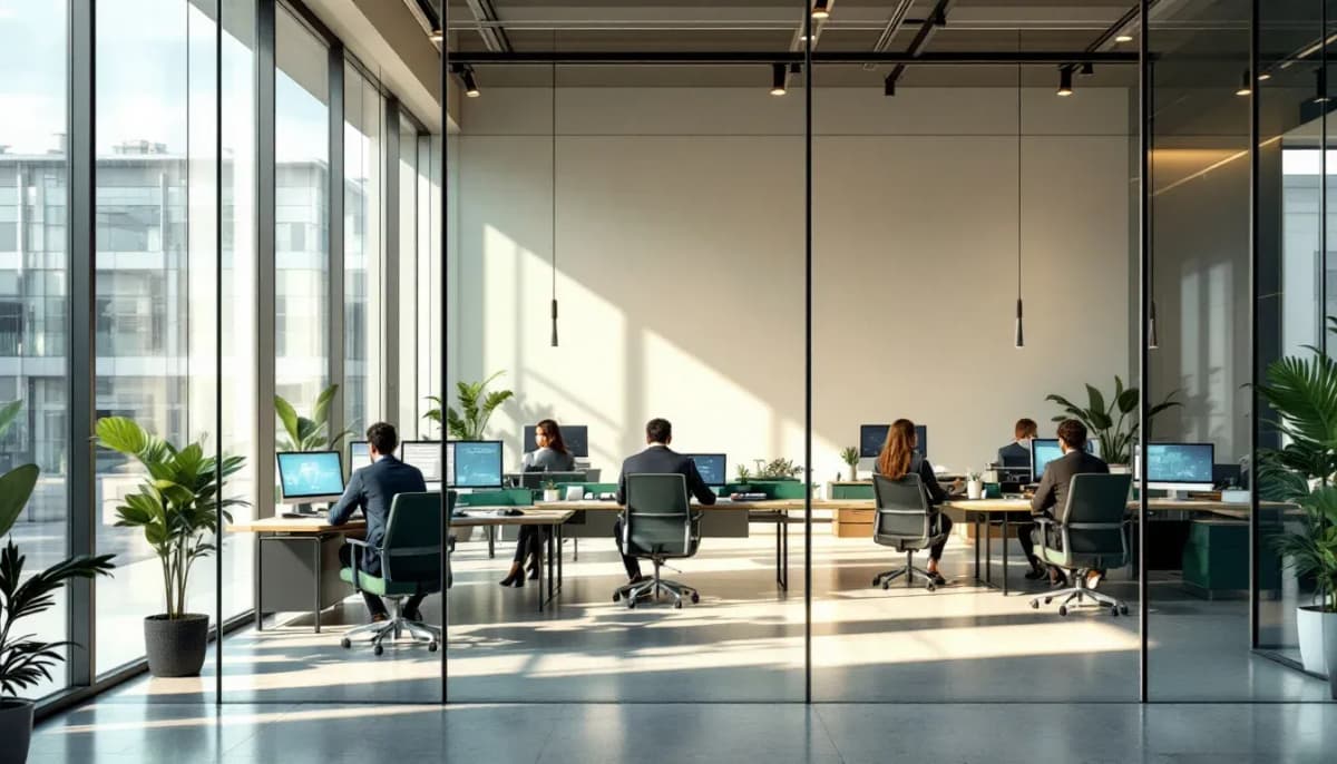 Professionals reviewing data in a modern bank office