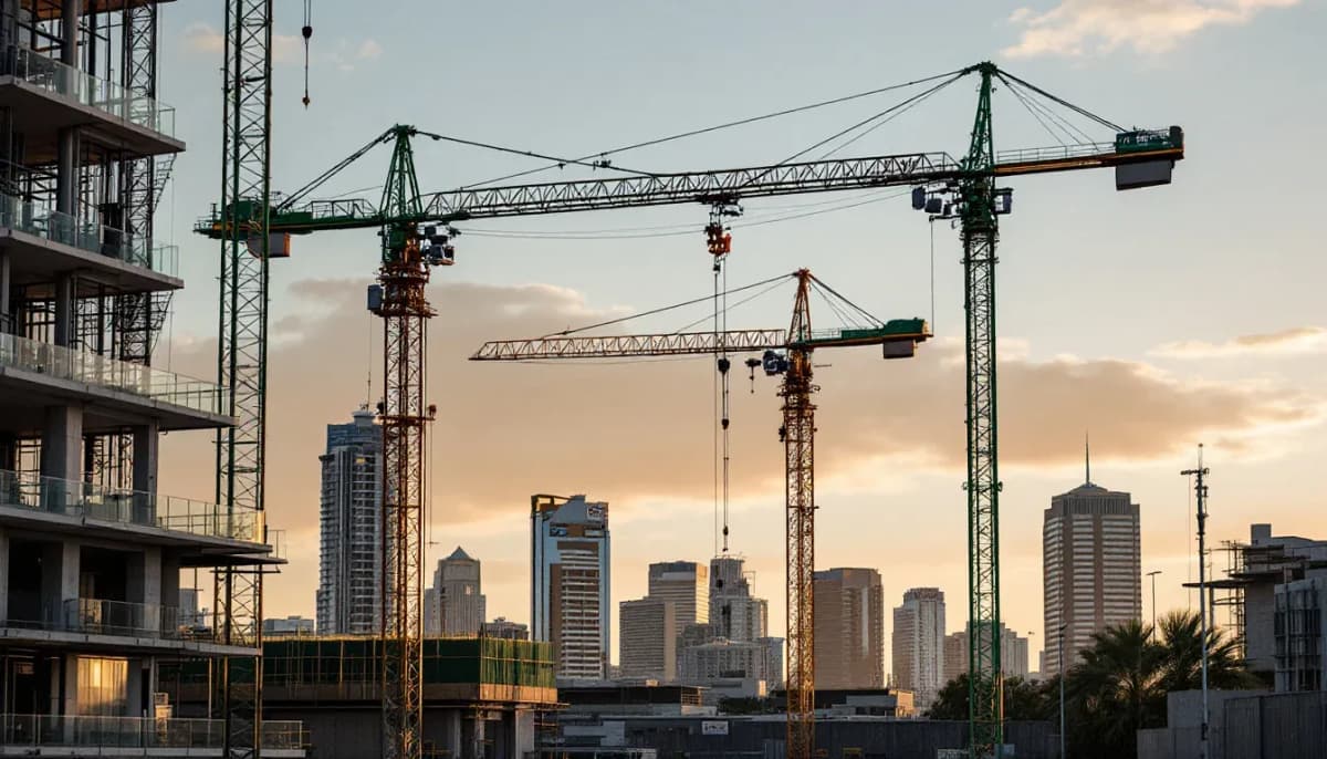 Brisbane construction site with tower cranes at golden hour