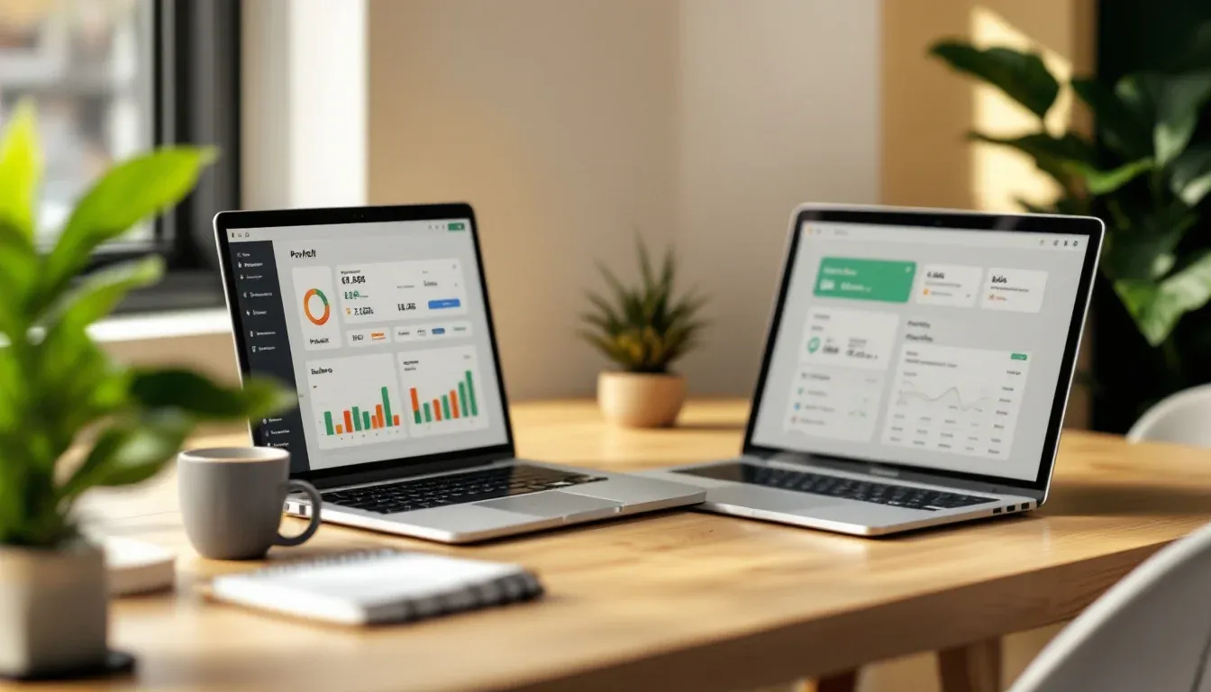 Australian small business owner workspace with payroll and sales dashboards open on two laptops