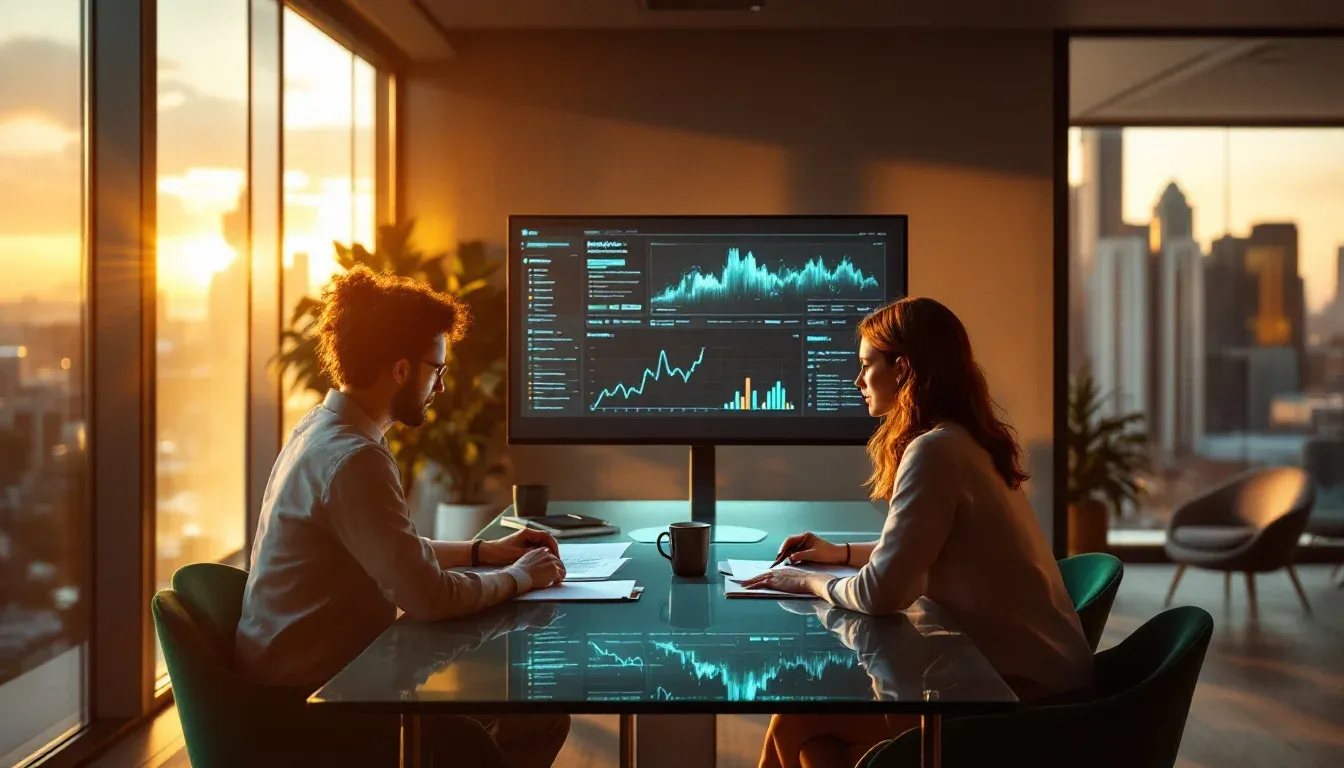 Two consultants reviewing AI project documents in a modern Sydney CBD office