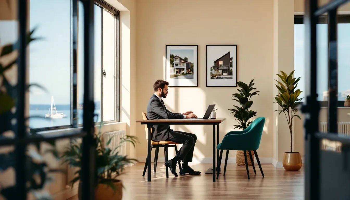Sydney real estate agent reviewing property listings on a laptop in a modern harbourside office