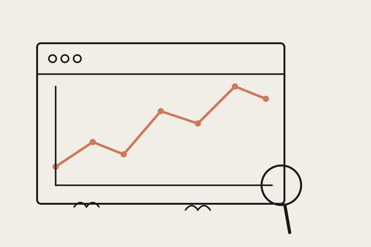 Naive line-drawing of a data dashboard with a rising terracotta trend line and a magnifying glass, in flat notebook illustration style
