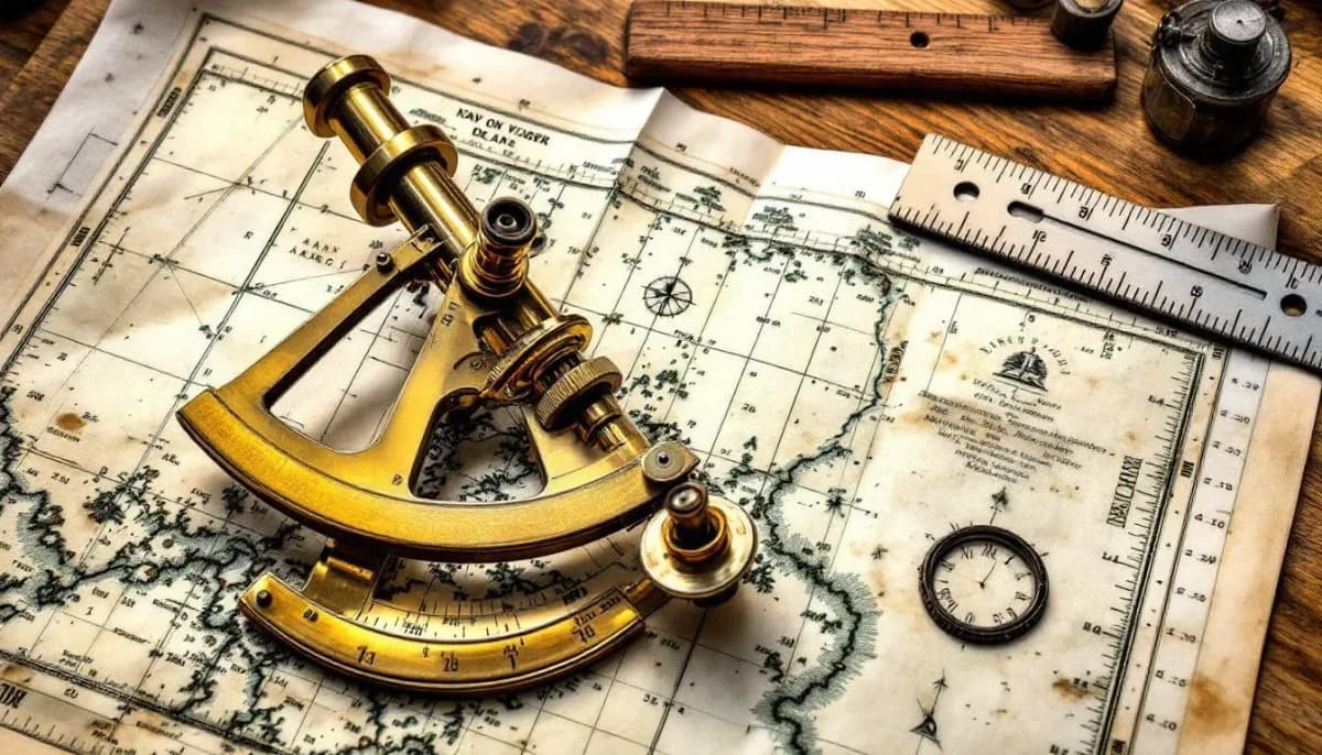 A brass navigator's sextant resting on an open nautical chart on a wooden chart table