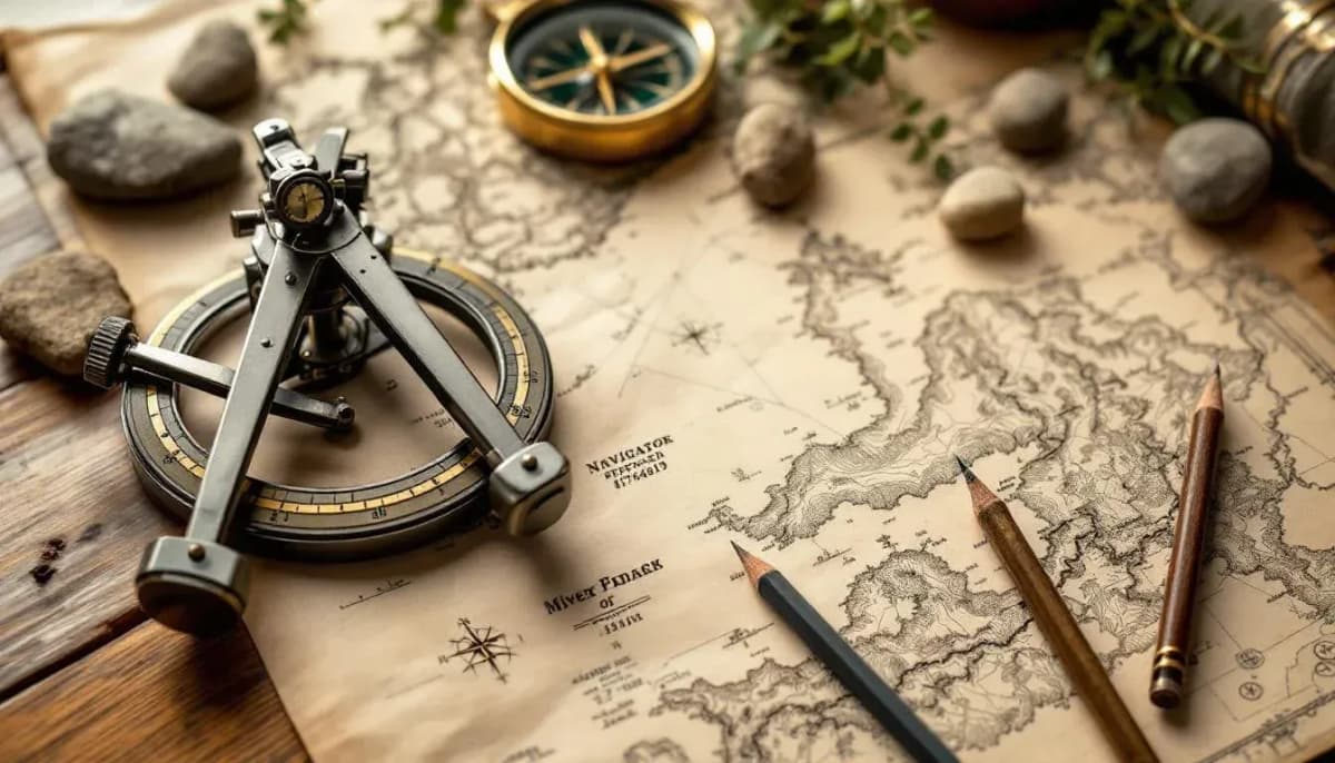 A brass navigator's sextant on a wooden chart table next to a hand-drawn topographic map, compass, and pencil