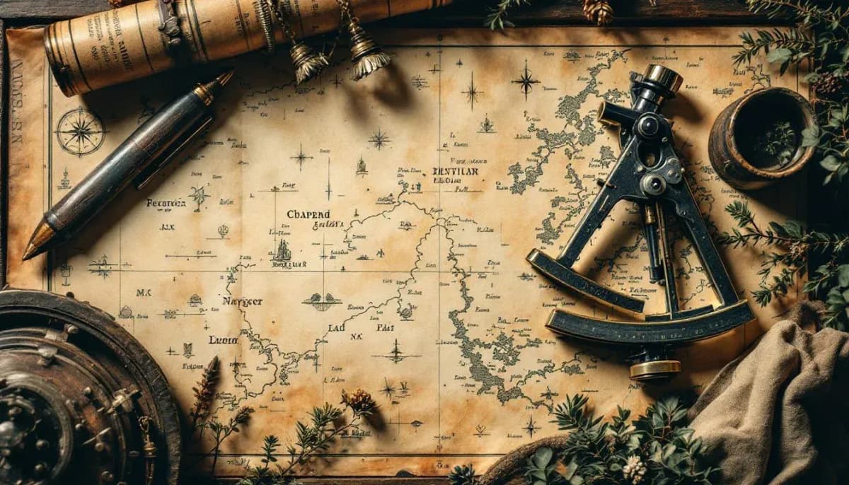 Navigator's sextant on a wooden chart table with a hand-drawn nautical map
