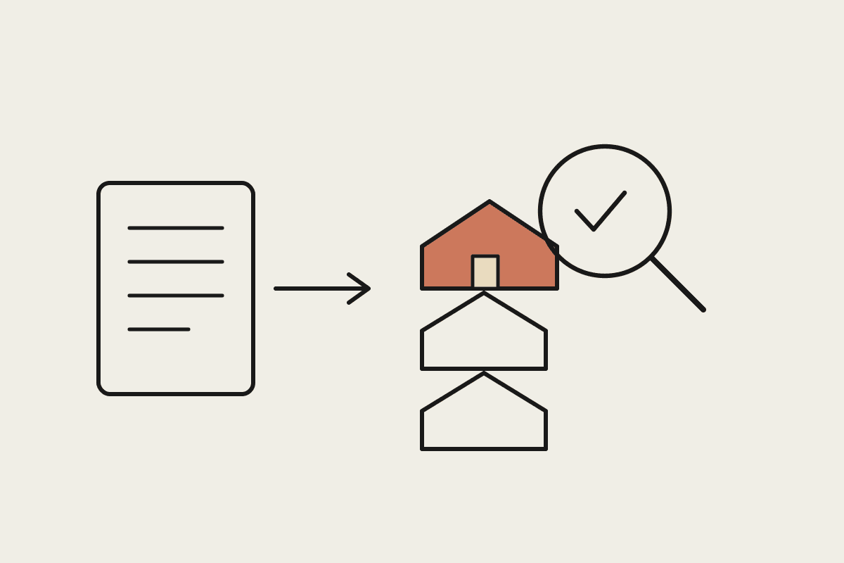 Notebook illustration: a client brief funnels into a shortlist of houses, the top pick in terracotta under a magnifying glass