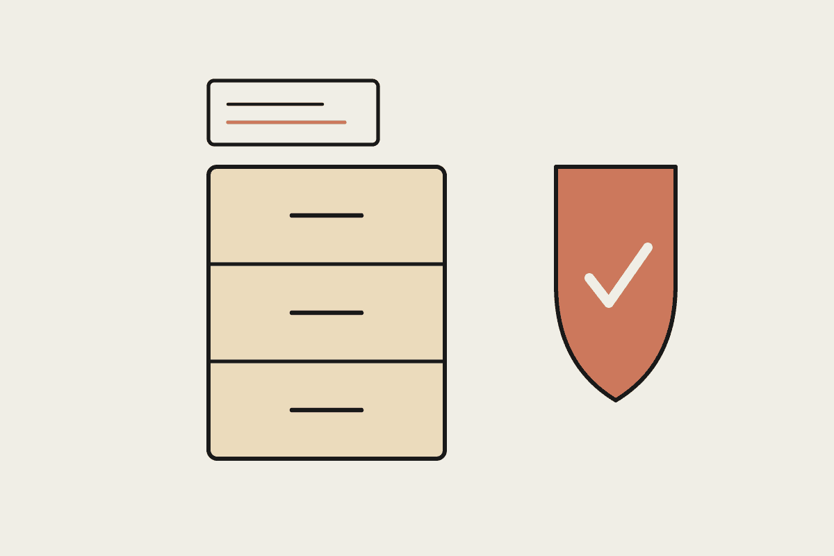 Notebook illustration: a filing cabinet beside a terracotta shield with a tick and a policy sheet, representing a firm AI usage policy.