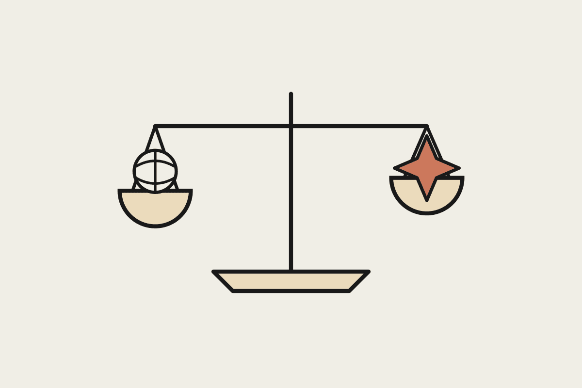 Notebook illustration of a balance scale weighing a globe against a spark, drawn in ink on cream paper