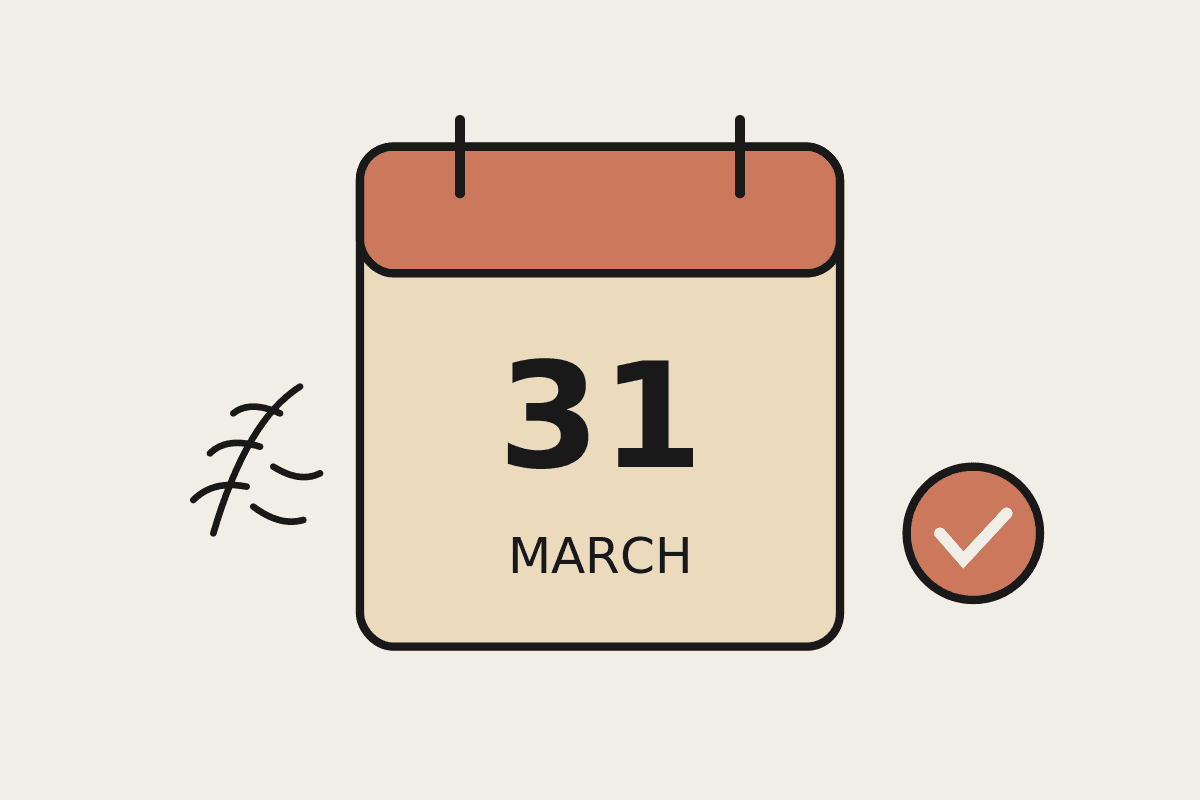 Notebook illustration of a calendar page reading 31 with a fern-like leaf and a terracotta tick