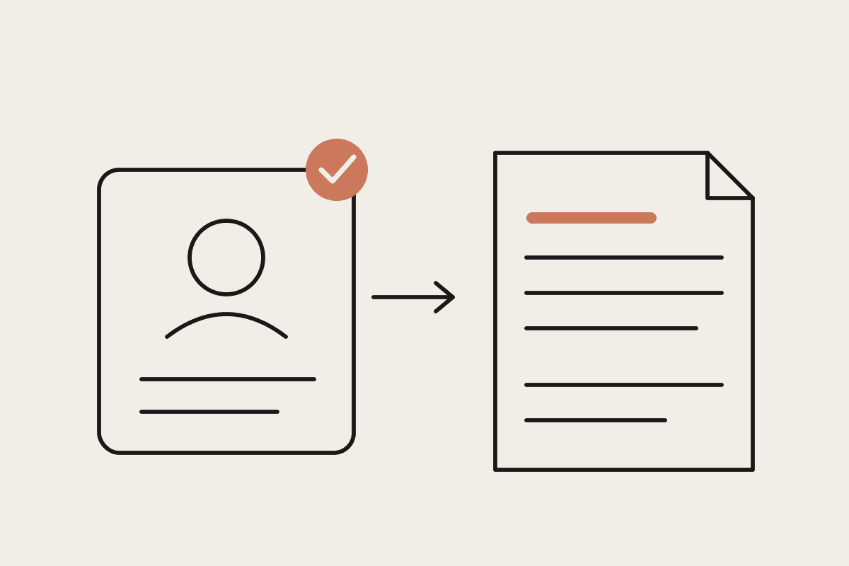 Notebook illustration of a candidate summary card with a terracotta approval check beside a client report document.